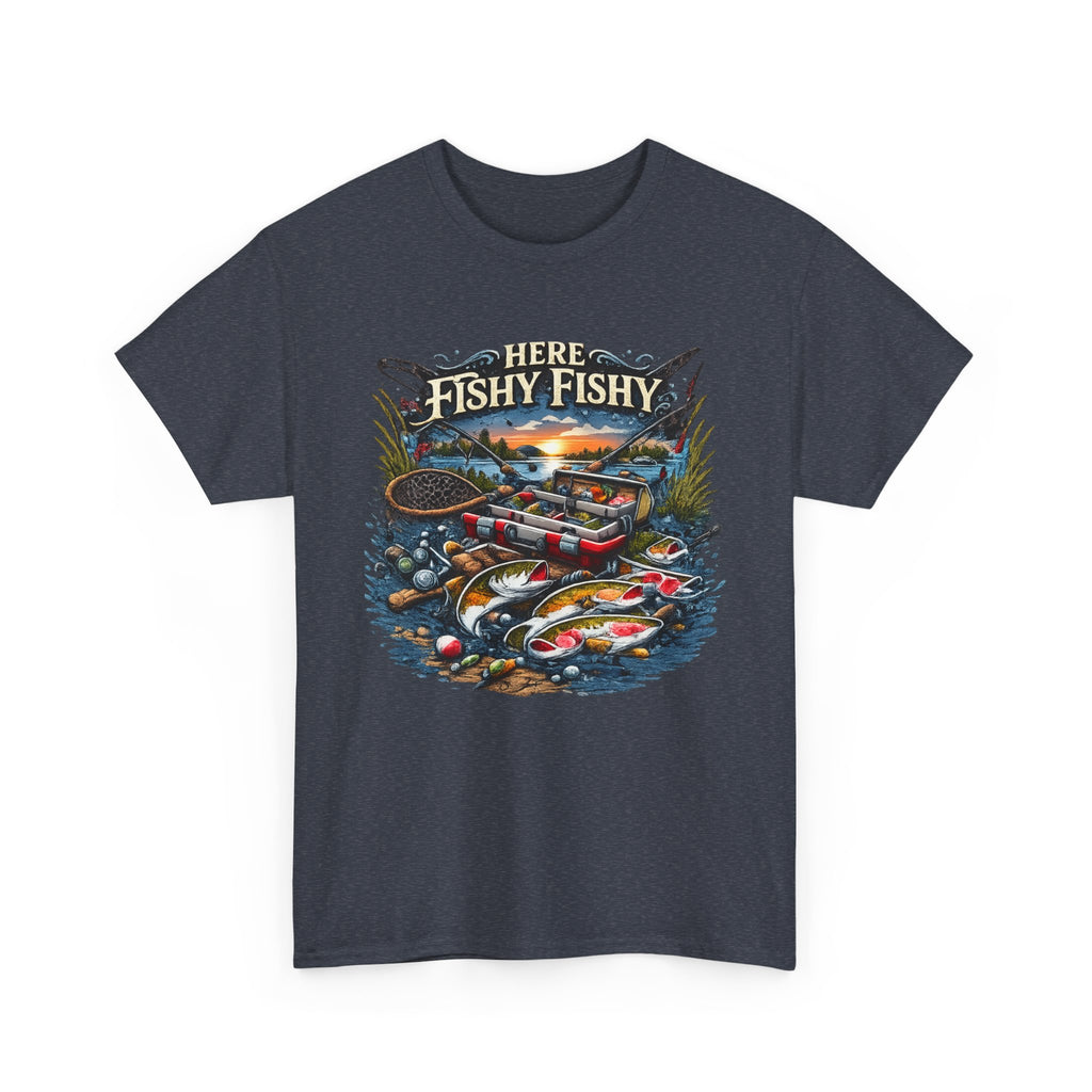 Fishing T‑Shirt — “Here Fishy Fishy” Vintage Boat & Lure Graphic