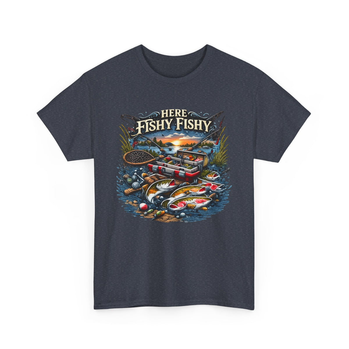 Fishing T‑Shirt — “Here Fishy Fishy” Vintage Boat & Lure Graphic