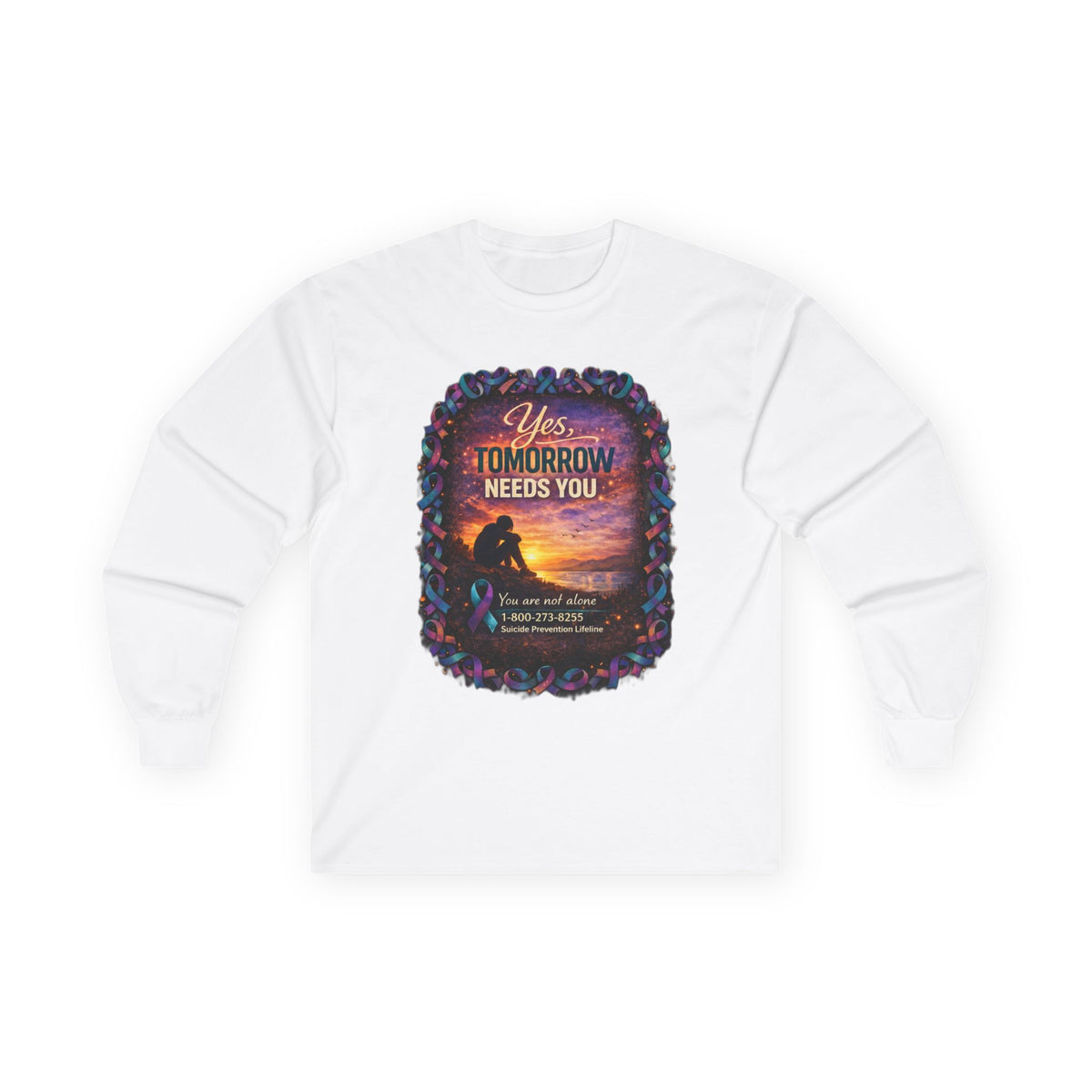 Inspirational Long Sleeve Tee — "Yes, Tomorrow Needs You" Sunset Design