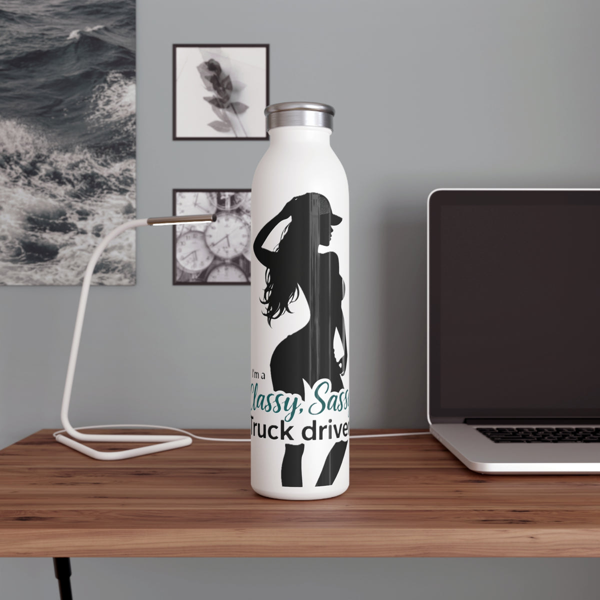 Slim Water Bottle – “Classy, Sassy Truck Driver” Stainless Steel Travel Bottle
