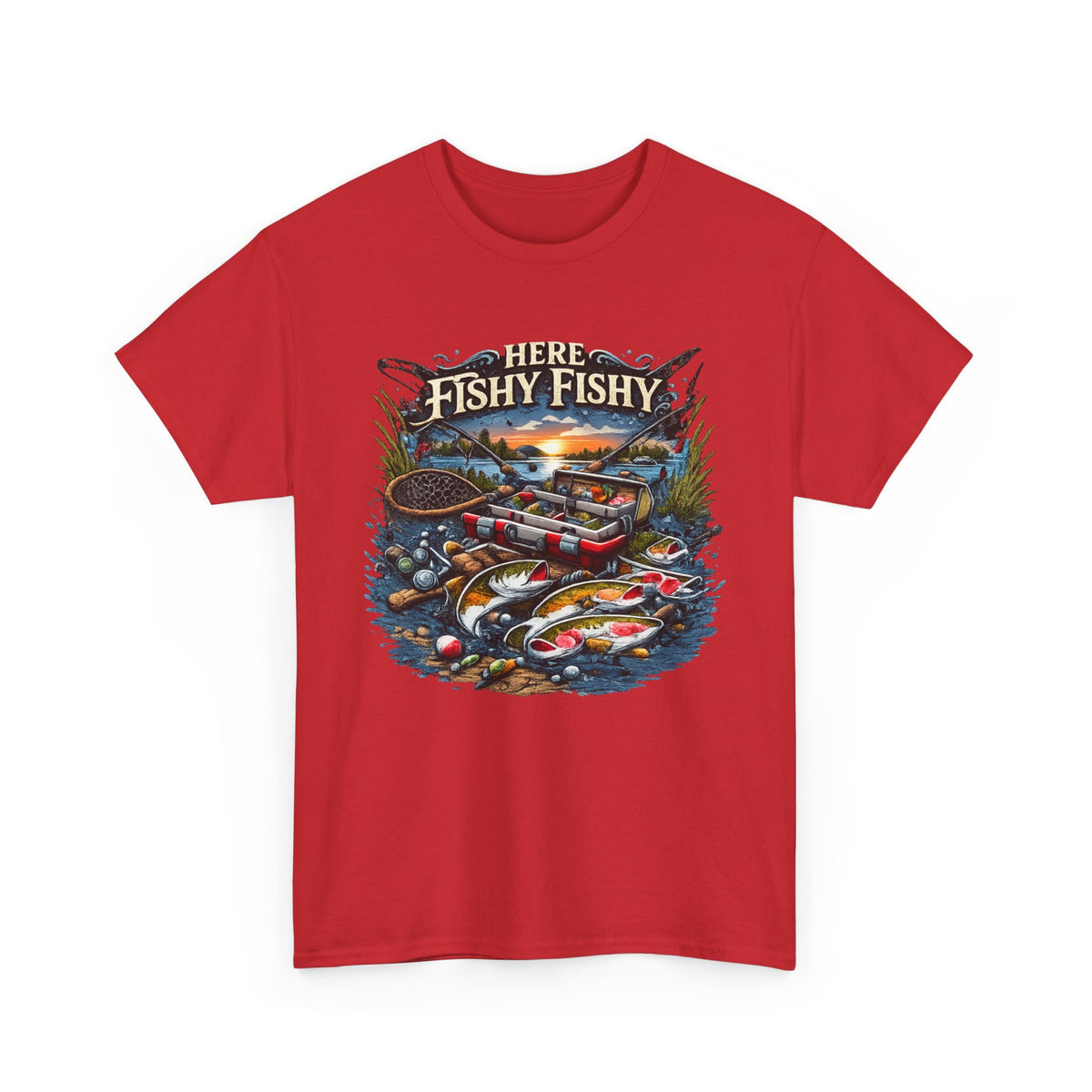 Fishing T‑Shirt — “Here Fishy Fishy” Vintage Boat & Lure Graphic