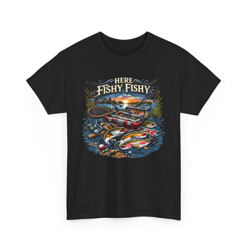 Fishing T‑Shirt — “Here Fishy Fishy” Vintage Boat & Lure Graphic