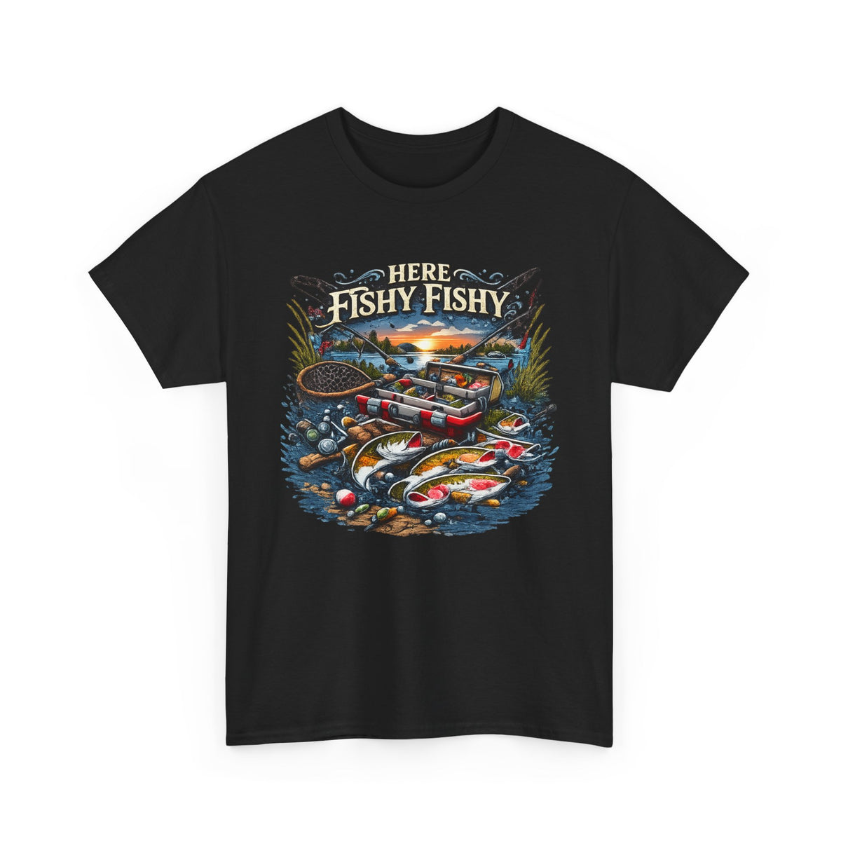 Fishing T‑Shirt — “Here Fishy Fishy” Vintage Boat & Lure Graphic
