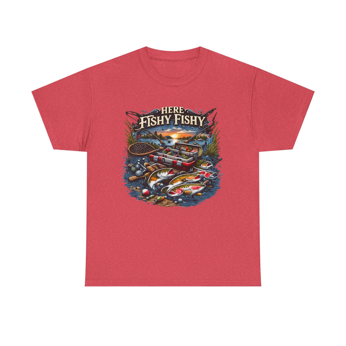 Fishing T‑Shirt — “Here Fishy Fishy” Vintage Boat & Lure Graphic