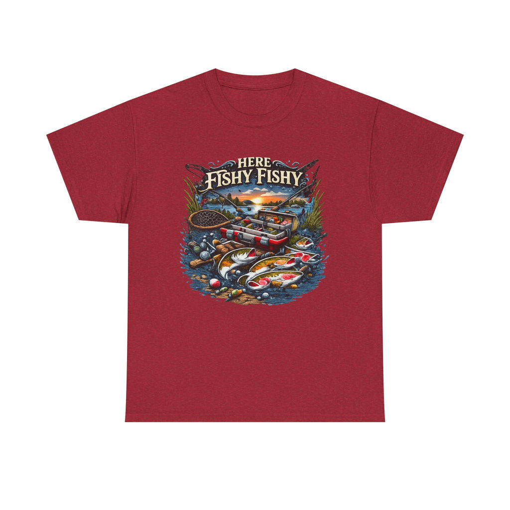 Fishing T‑Shirt — “Here Fishy Fishy” Vintage Boat & Lure Graphic