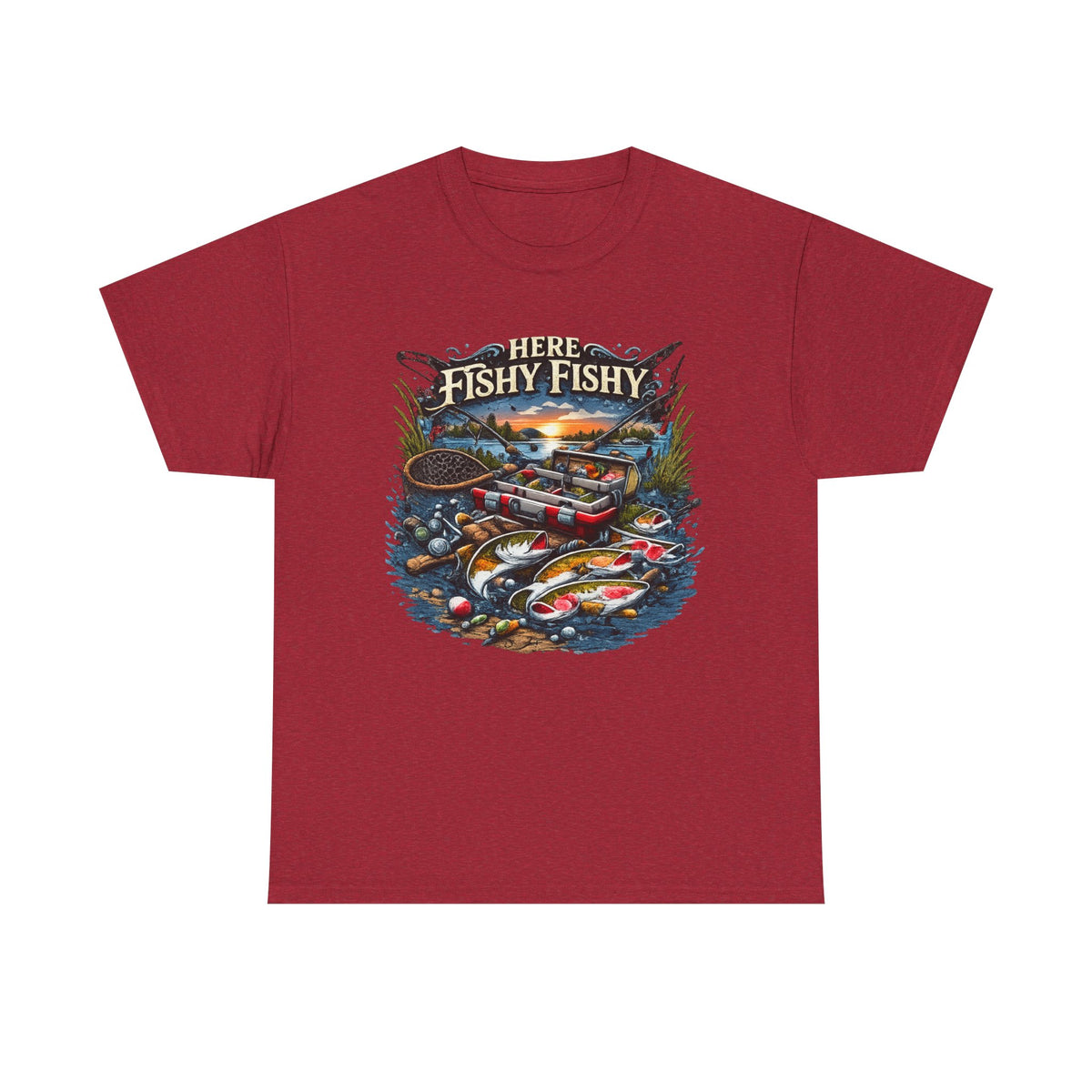 Fishing T‑Shirt — “Here Fishy Fishy” Vintage Boat & Lure Graphic