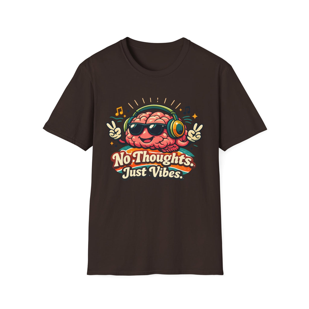 No Thoughts Just Vibes T-Shirt — Retro Brain Headphones Graphic Tee