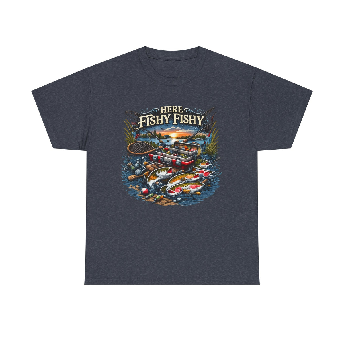 Fishing T‑Shirt — “Here Fishy Fishy” Vintage Boat & Lure Graphic