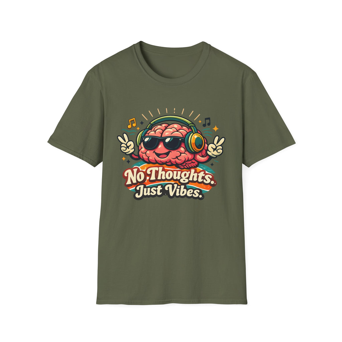 No Thoughts Just Vibes T-Shirt — Retro Brain Headphones Graphic Tee
