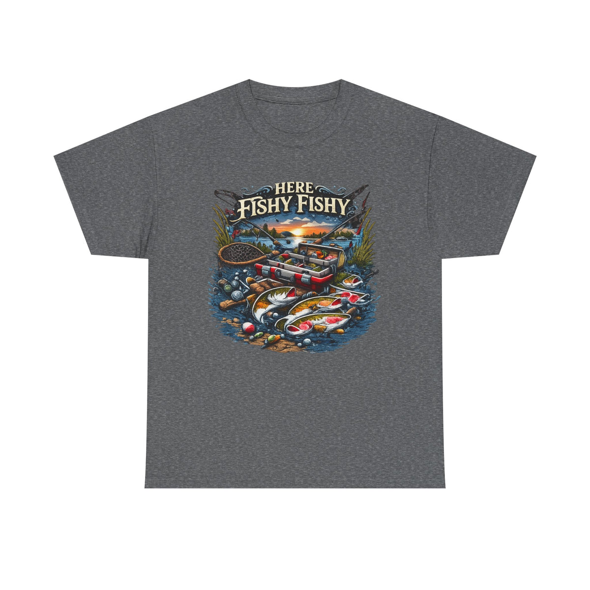 Fishing T‑Shirt — “Here Fishy Fishy” Vintage Boat & Lure Graphic