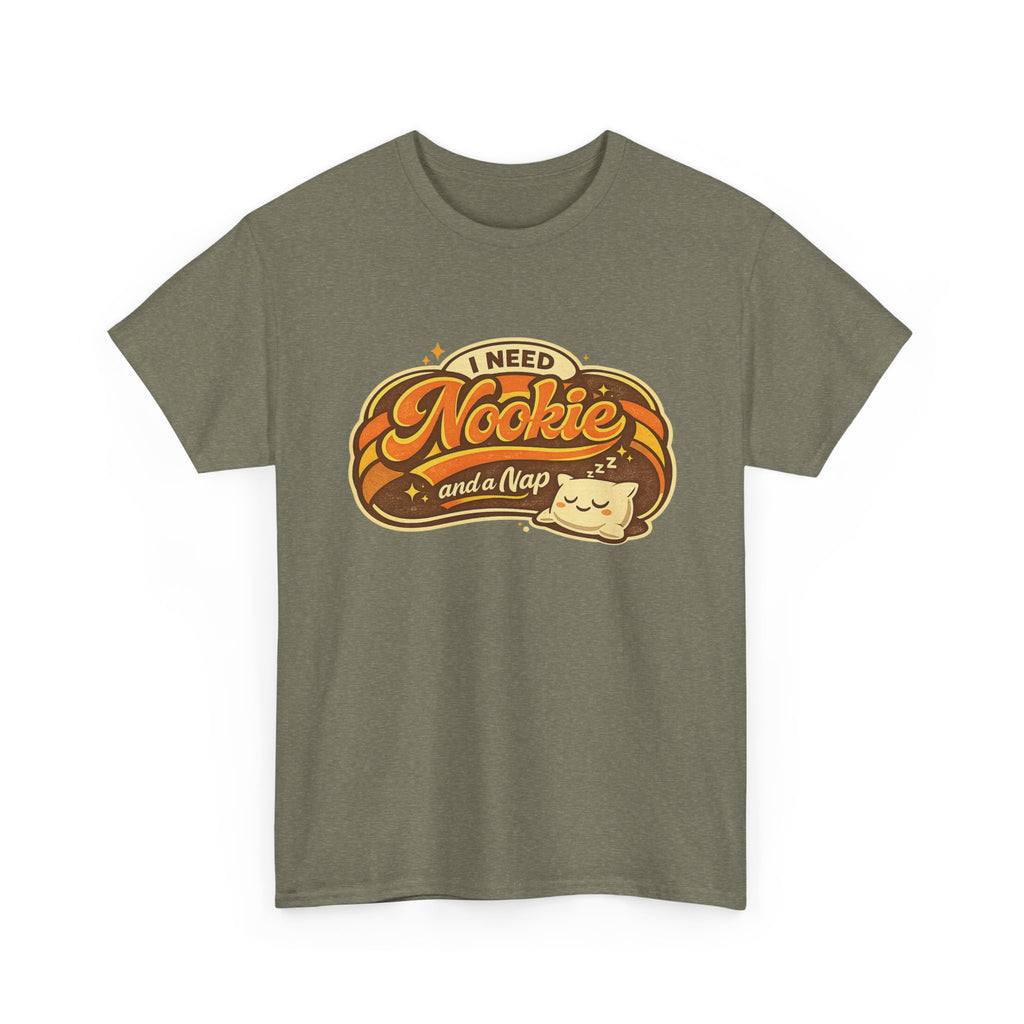 T-Shirt — "I Need Nookie and a Nap" Cute Retro Cat Nap Graphic Tee